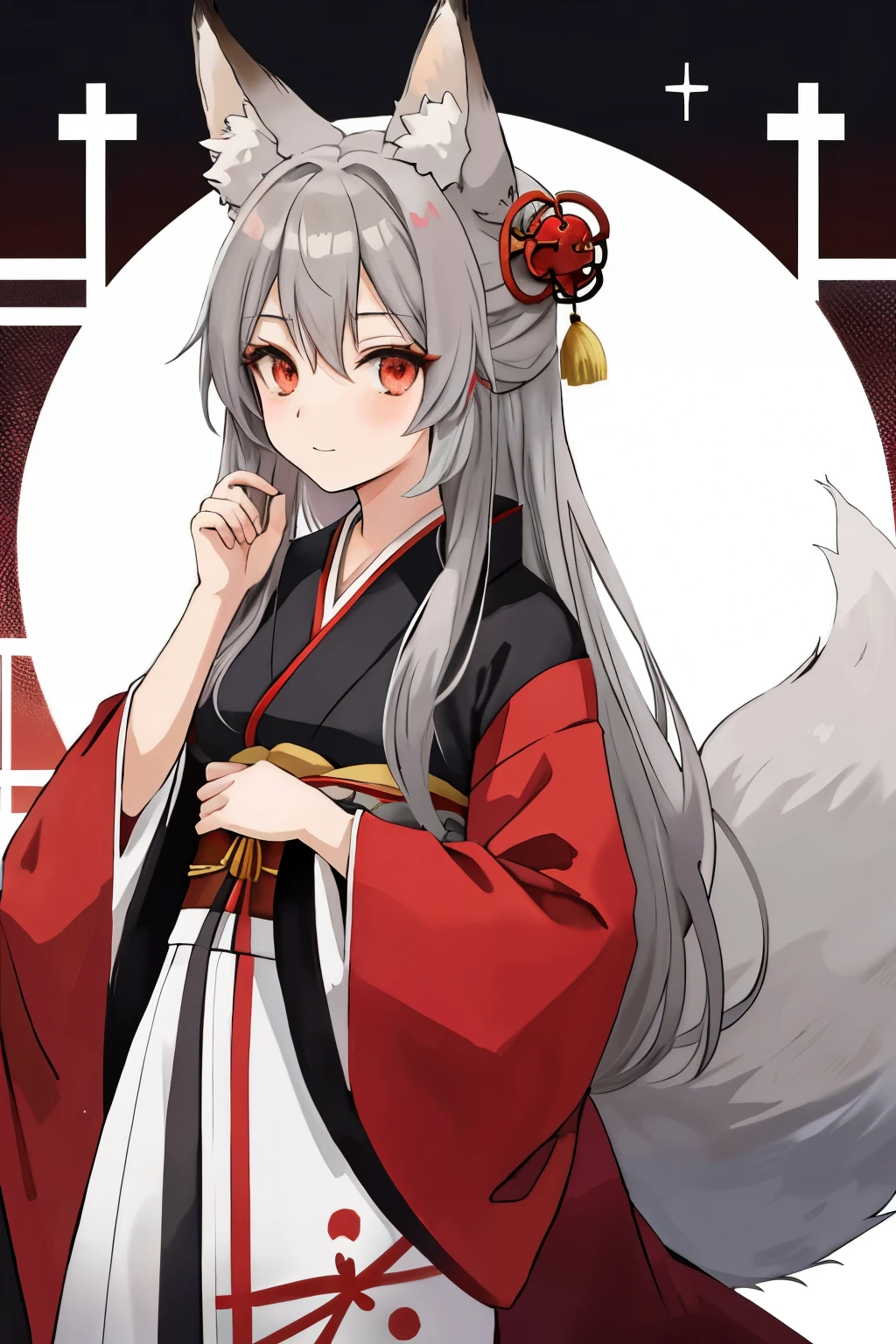 anime girl with long grey hair and (1 red eye) and ((1 grey eye)), dressed in a kimono with a fox tail and fox ears