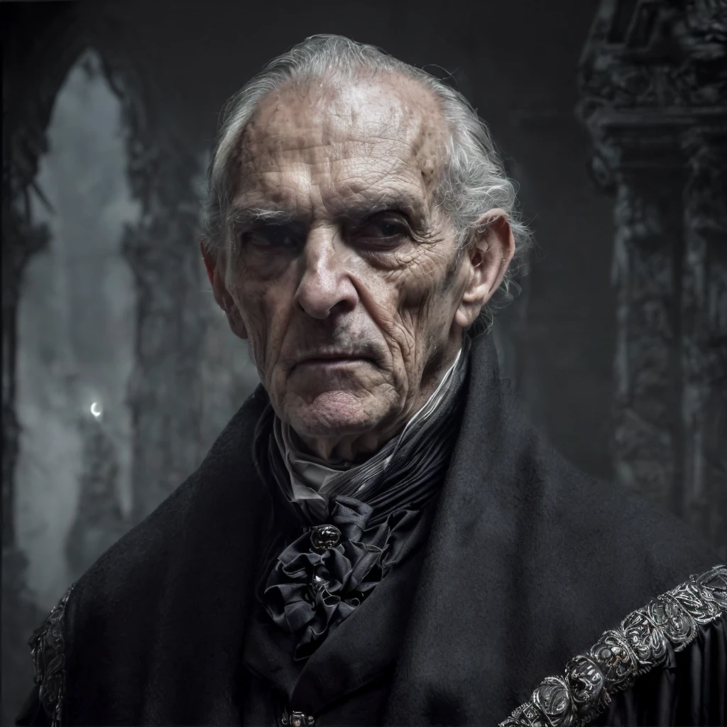 (masterpiece)+, (extremely (realistic)+,a portrait of an ugly elderly male necromancer aristocrat, Focused cold stare. Looking in camera. volumetrics dtx, Photorealistic, ultra detailed, Artstation trending, very very detailed, realistic shaded lighting, dynamic shadows, detailed Crypt background, upper body, professional photograph of a detailed skin, sharp focus, dramatic, award winning, cinematic lighting, octane render, unreal engine, volumetrics dtx, Photorealistic, ultra detailed, Artstation trending, very very detailed, hyperrealistic, fine details, realistic shaded lighting, dynamic shadows, Crypt background, add_detail:1, skin pores and wrinkles, details.,More Reasonable Details