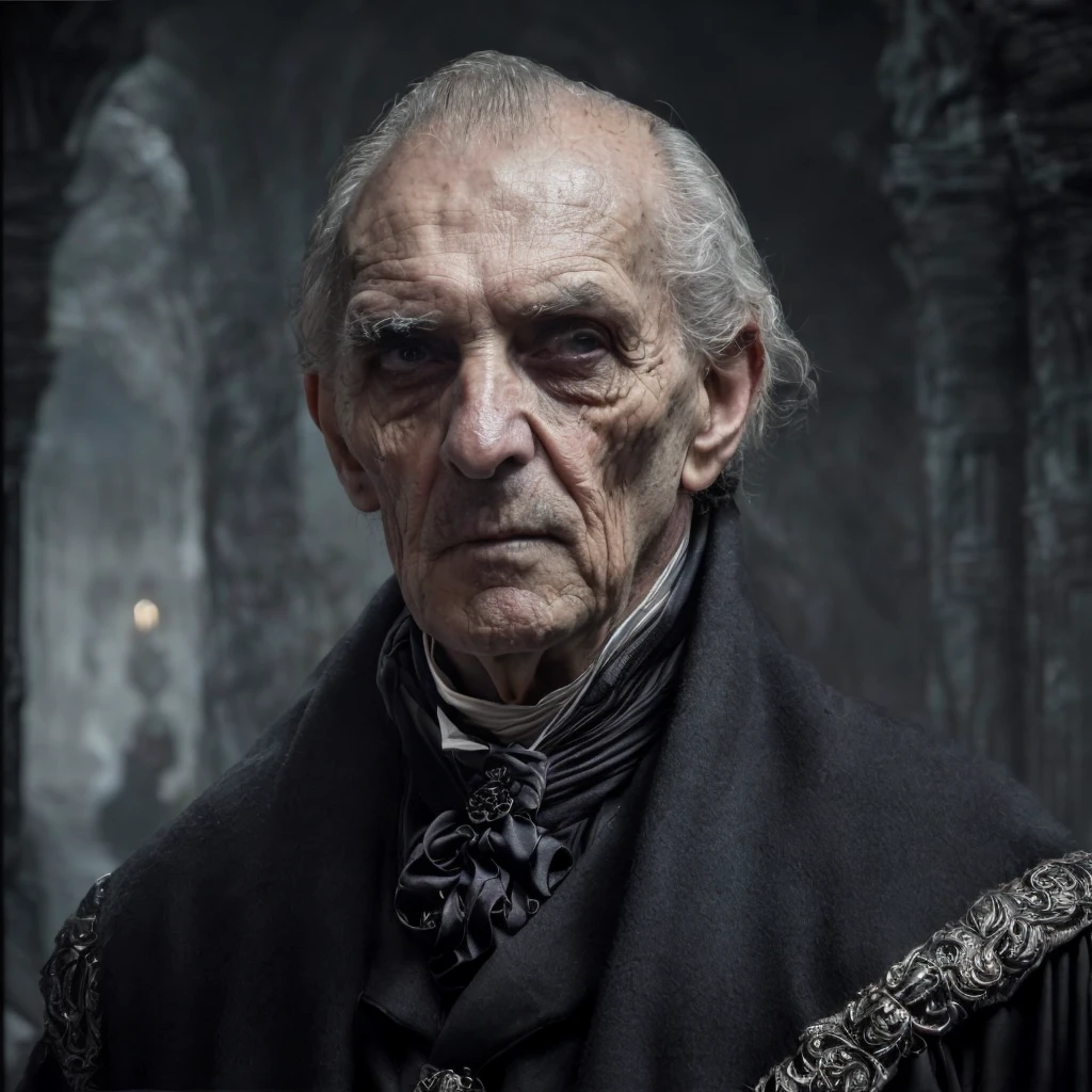 (masterpiece)+, (extremely (realistic)+,a portrait of an ugly elderly male necromancer aristocrat, Focused cold stare. Looking in camera. volumetrics dtx, Photorealistic, ultra detailed, Artstation trending, very very detailed, realistic shaded lighting, dynamic shadows, detailed Crypt background, upper body, professional photograph of a detailed skin, sharp focus, dramatic, award winning, cinematic lighting, octane render, unreal engine, volumetrics dtx, Photorealistic, ultra detailed, Artstation trending, very very detailed, hyperrealistic, fine details, realistic shaded lighting, dynamic shadows, Crypt background, add_detail:1, skin pores and wrinkles, details.,More Reasonable Details