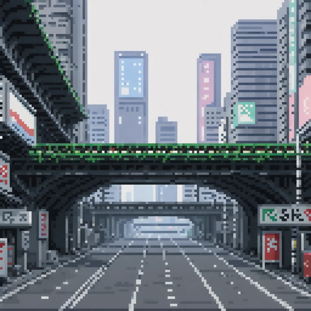 pixel art, 258 bits, sheet of an empty viaduct in shinjuku with buildings behind