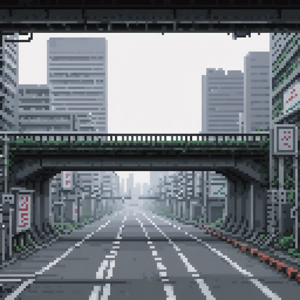 pixel art, 258 bits, sheet of an empty viaduct in shinjuku with buildings behind