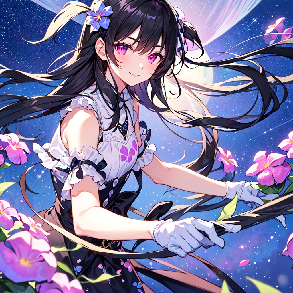 MASTERPIECE, best quality, high quality, extremely detailed, very delicate and beautiful, (1female 18 years old solo: 1.2), (long black hair two-side up to waist: 1.4), fringes to eyebrows, eyes Sharp eyes, strong glossy glossy eyes, glossy eyebrows, (eye colour magenta: 1.3), 6.5 head height, (periwinkle flower print fashion: 1.3), periwinkle hair ornament, knee socks, frills, lace, (smiling), (running), (running), (dynamic pose), (background periwinkle colourful flower field: 1.3),(starry sky: 1.3)., (upper body:1.3)