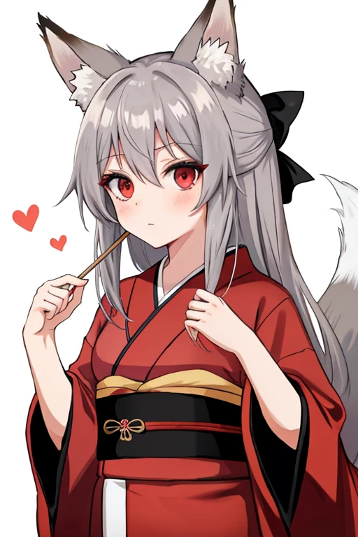 anime girl with long grey hair and (1 red eye) and ((1 grey eye)), dressed in a kimono with a fox tail and fox ears