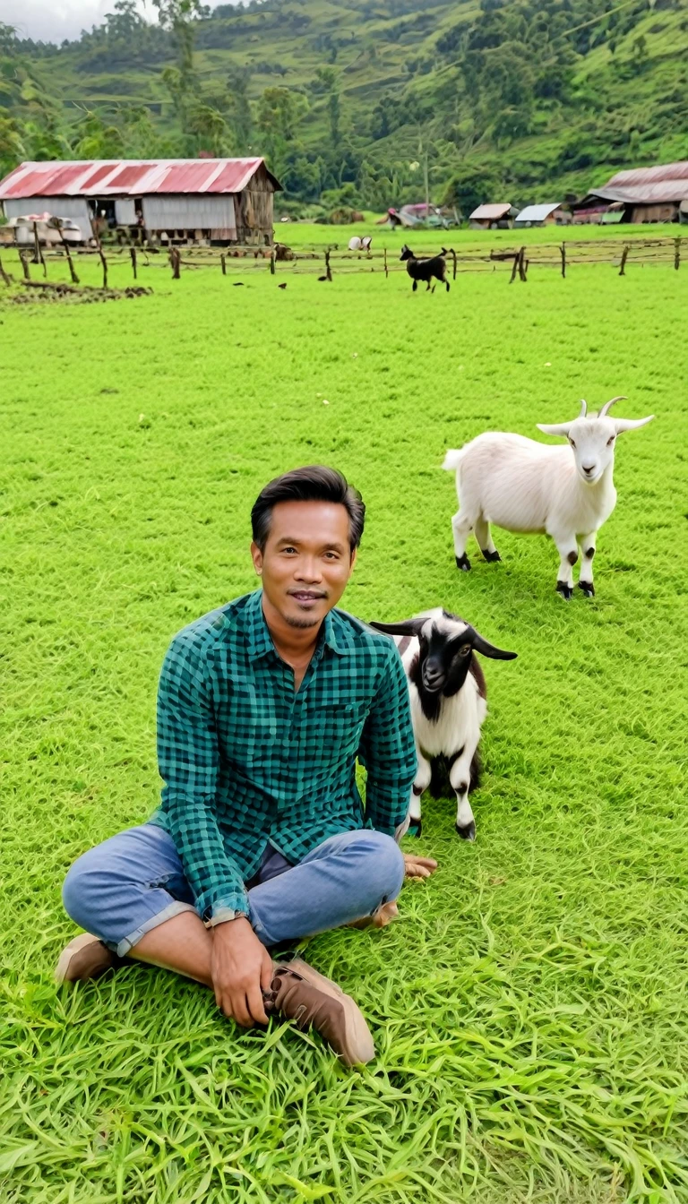 full body shot of indonesian man 38 yo, clean face brown skin tone,medium hair, little bit skinny, wear flannel shirt, sitting at green grass farm with goats, little cute goat playing on his side, realistic photography