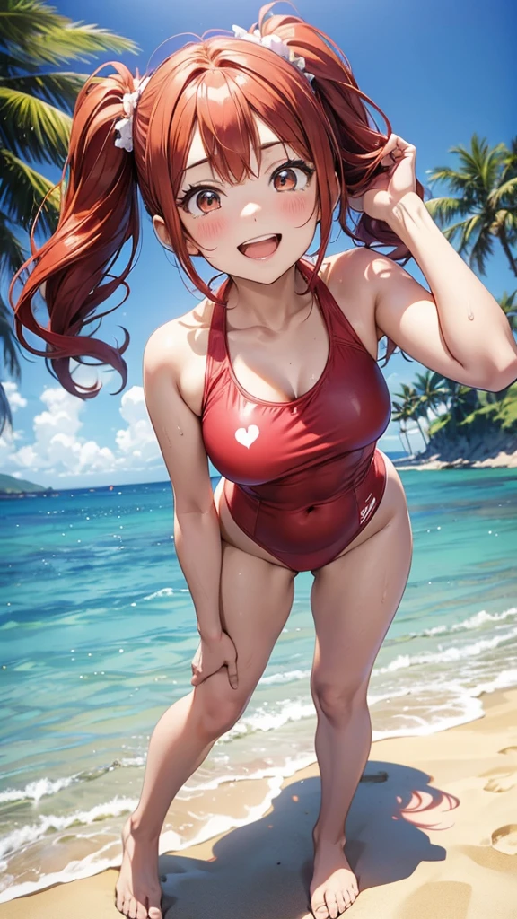 ore no imouto ga konna ni kawaii wake ga nai, 25-yers-old girl with crimson red hair - pulled up into twintail, wearing an anime one piece swimsuit, smiling, beach cove background, full body portrait