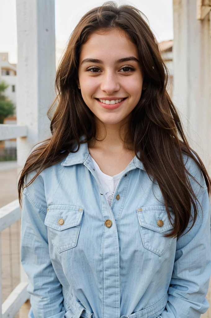one cute women, 20YO, white, Arab, cute face, realistic brown eyes, blue jacket, brown hair, cute smile, skinny face, white realistic teethes, big eyes, long hair