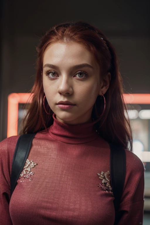 (masterpiece, Best Quality, 1 girl, Alone, intricate details, chromatic aberration), realist, ((medium breath)), wide, Red hair, red decoration on the head, pink highlights, amber eyes, earrings, sharp eyes, collar, neon shirt, Black pants, blossomed jacket, turtleneck, Look at the viewer