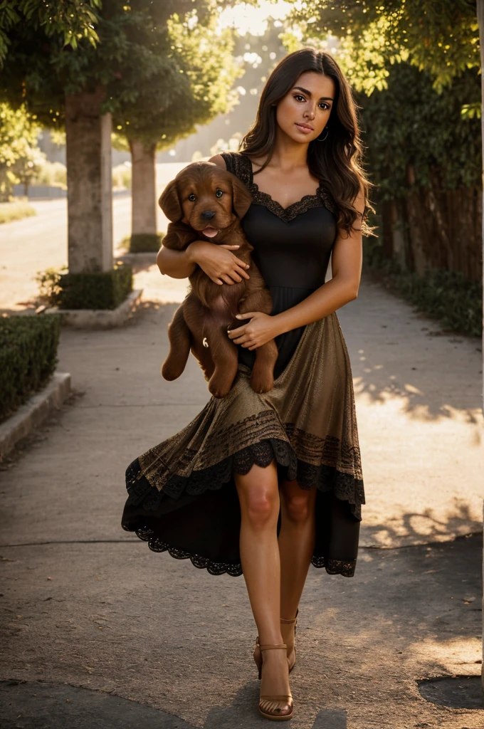 a realistic full-body photography, (woman: 26-year-old Mexican-Italian stunning brunette influencer, long and wavy dark brown hair, model measurements accentuated by small natural bust, warm and sun-kissed tan, expressive dark brown eyes, sunny and charismatic appearance:1.1), (dark brown golden retriever puppy in her arms:1.5), (clothes: sexy form-fitting black dress with lace:1.4), natural lights and shadows, with volumetric face lighting for hyper-realistic detail, hyper-realistic, 16K resolution, shot with Canon EOS R6