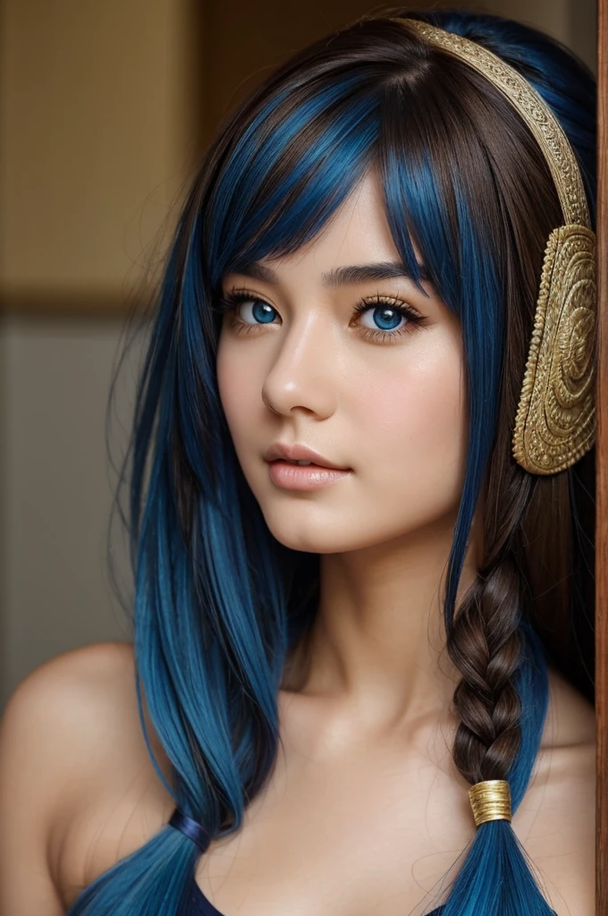((Best Quality)), ((masterpiece)), (Detailed), 1 girl, of Brown eyes, long brown hair with blue hair tips
