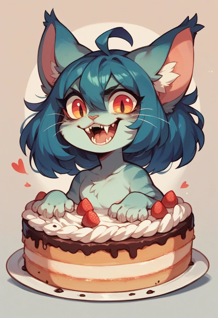 The cat bites the cake with long fangs