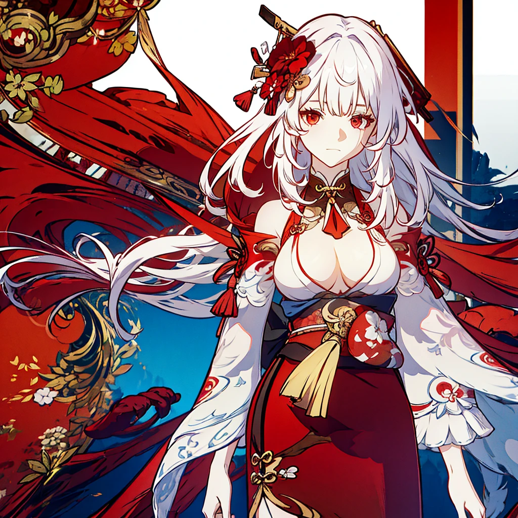 Women(alone), very long white hair,Red eyes,red and red kimono that reveals her shoulders, big breasts, tight
