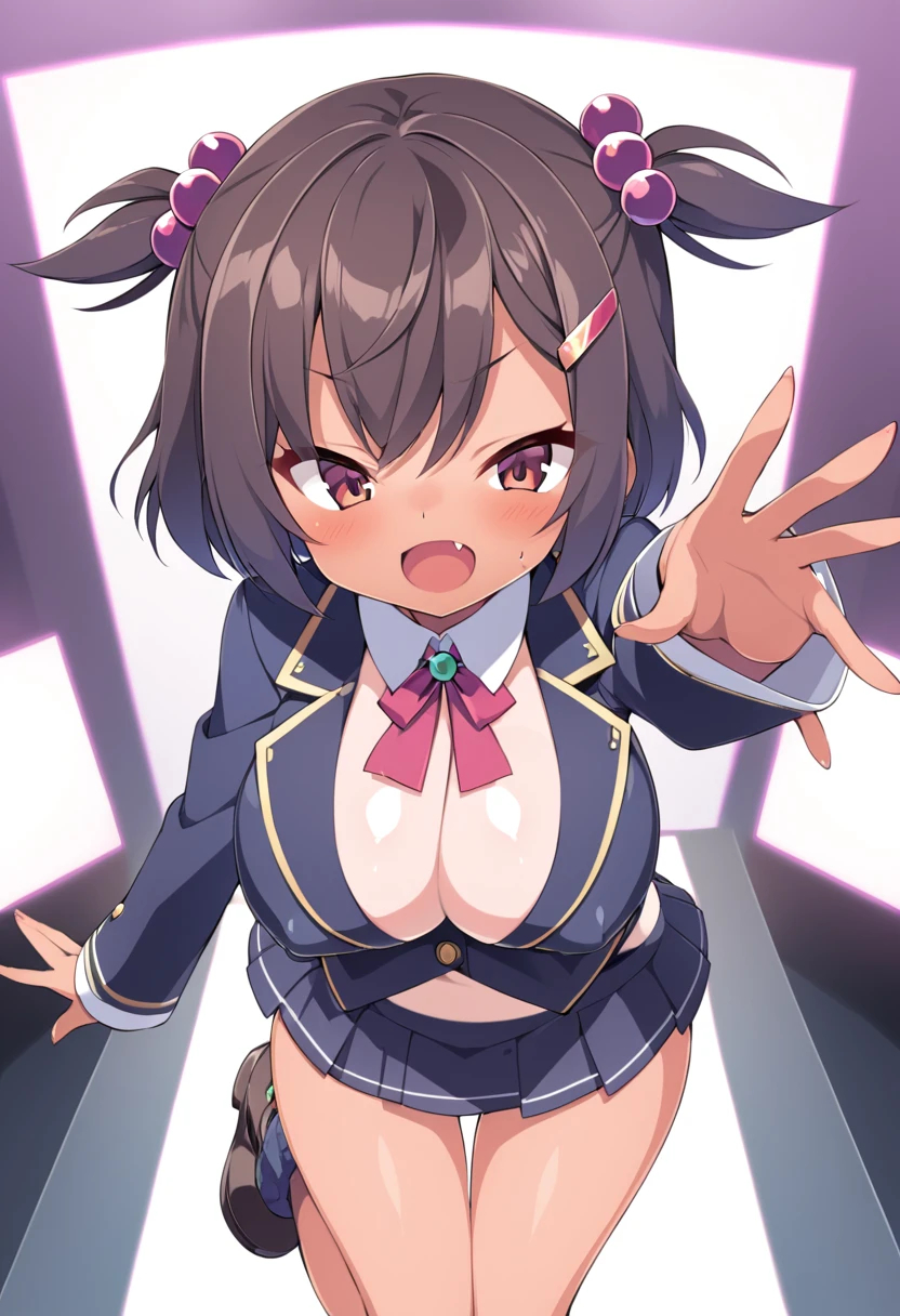 brown eyes, tan, tanlines, one-piece tan, hair ornament, brown hair, hair ornament, solo, fang, hair bobbles, short hair. two side up,, (large breasts:1.5), live stage, 11years old nipple blazer uniform, Blazer skirt, alone,