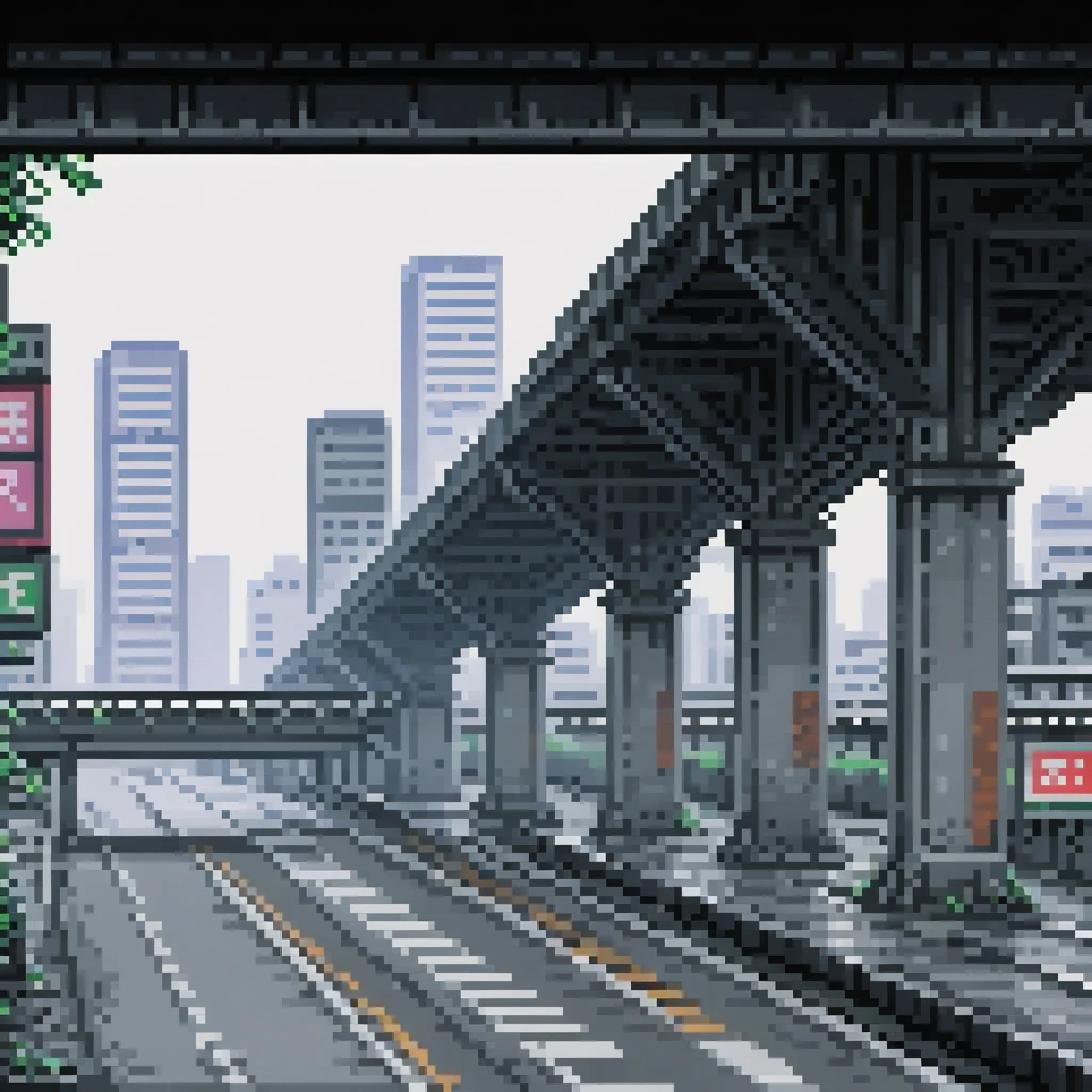 pixel art, 258 bits, sheet of an empty viaduct in shinjuku with buildings behind in hd