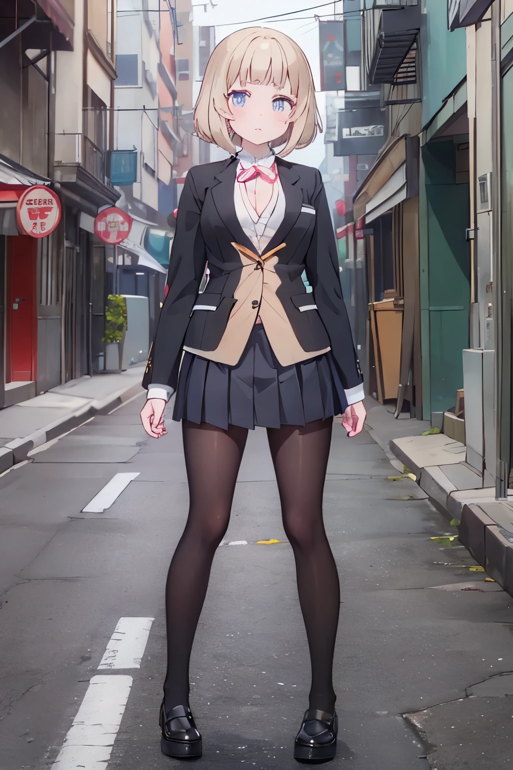 (8K、Highest quality、highest quality、masterpiece)、Detailed face、One girl、((はガラスに胸を押し付ける1.4))、、short hair、、blunt bangs、Grey Eyes、、、((Blazer jacket uniform))、((Pleated skirt))、((No panties))、((bent over))、Back Alley Background、Very large breasts、Nipples are visible、、Black Pantyhose、Milk dripping from nippleilk spurting from the nipple、、Open your mouth、Troubled face、Love juice from the genitals、Full body portrait、Walking around the city、One man、Hearts in the eyes、Sex with a man