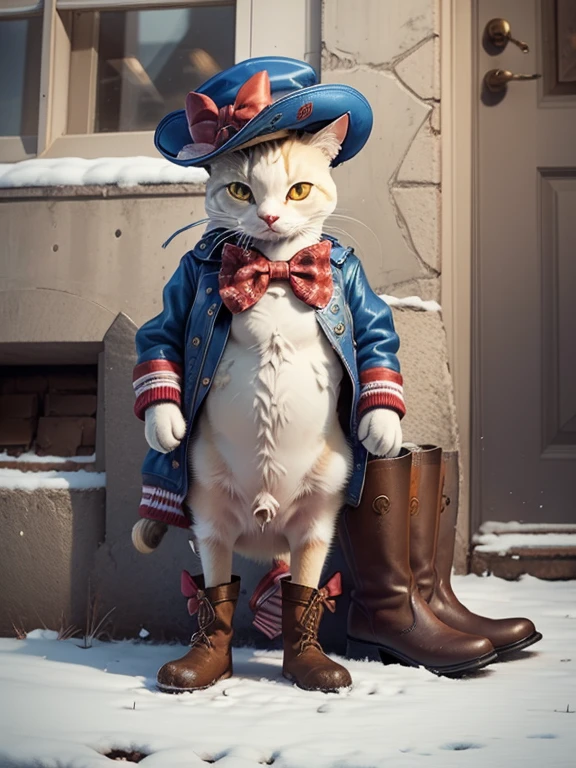 Puss in boots hat and jacket with a bow tie.
