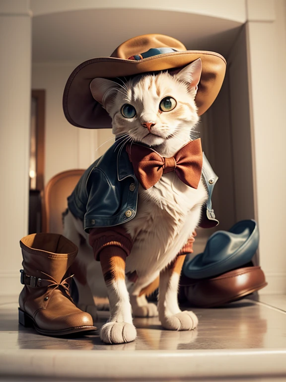 Puss in boots hat and jacket with a bow tie.