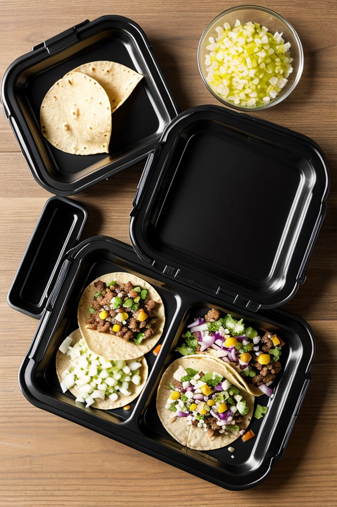 Create an image of a square black box with a transparent lid for packing tacos.