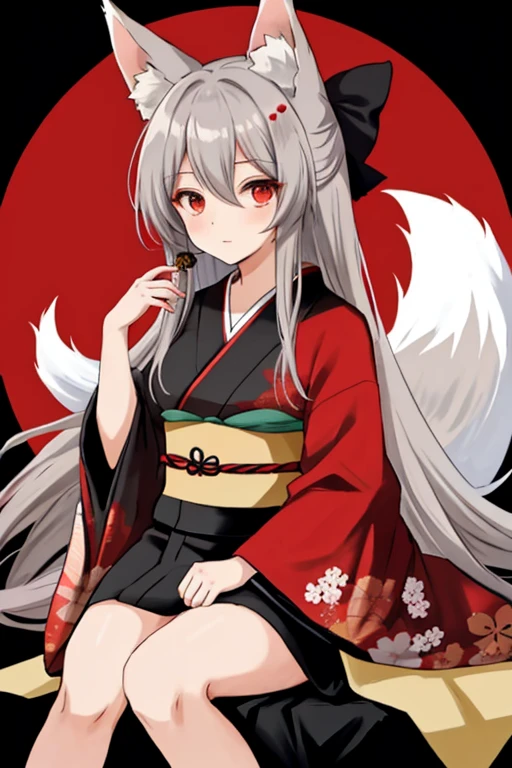 anime girl with long grey hair, ((1 red eye and 1 grey eye)), dressed in a kimono with a fox tail and fox ears