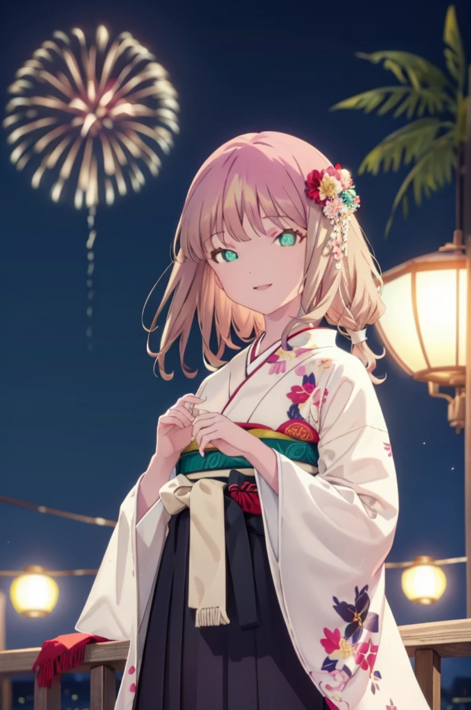 Yume Minami,sss dynazenon ,Brown Hair,Green Eyes,hair tied back,Flower hair ornament,Black Japanese Clothing,Thick sleeves,Long skirt,Sandals,So that the whole body goes into the illustration,smile,Fireworks in the night sky,Fireworks,The place is a fireworks display、Time is night,日本のFestivalり,夏Festivalりの屋台、Red lantern,break outdoors, Festival,break looking at viewer, Upper Body,(Cowboy Shot:1. 5) , break (masterpiece:1.2), Highest quality, High resolution, unity 8k wallpaper, (shape:0.8), (Beautiful and beautiful eyes:1.6), Highly detailed face, Perfect lighting, Extremely detailed CG, (Perfect hands, Perfect Anatomy),