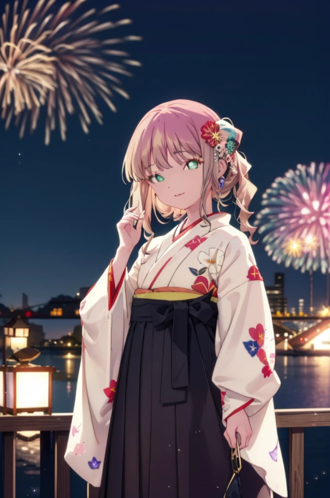 Yume Minami,sss dynazenon ,Brown Hair,Green Eyes,hair tied back,Flower hair ornament,Black Japanese Clothing,Thick sleeves,Long skirt,Sandals,So that the whole body goes into the illustration,smile,Fireworks in the night sky,Fireworks,The place is a fireworks display、Time is night,日本のFestivalり，夏Festivalりの屋台、Red lantern,break outdoors, Festival,break looking at viewer, Upper Body,(Cowboy Shot:1. 5) , break (masterpiece:1.2), Highest quality, High resolution, unity 8k wallpaper, (shape:0.8), (Beautiful and beautiful eyes:1.6), Highly detailed face, Perfect lighting, Extremely detailed CG, (Perfect hands, Perfect Anatomy),