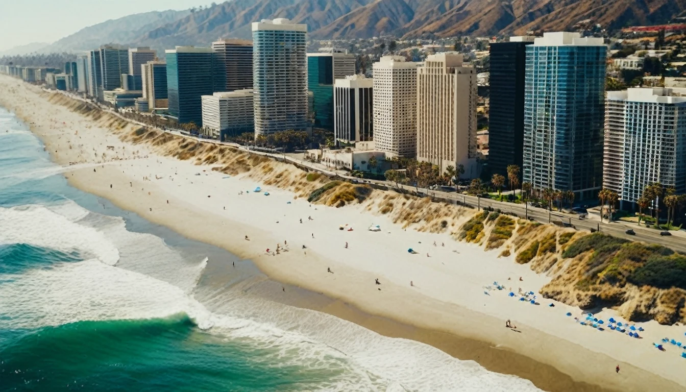 Drone view from above, Cinematic traversal camera movement, the camera travelling through above the waves of the beach of Los Angels California' s to the city. The crashing blue waters create white-tipped waves, while the golden light of the rising sun illuminates the shore. Los Angeles city with many skyscrapers and bridges in 3060. This is a view that captures the raw beauty of the coast and the rugged landscape.Realism, Cinematic, Photoreal,natural lights, neutral colors, lomochrome, soft vintage filter, 70's movie styled, celluloid, uhd, hdr, 4k, 35mm film,slightly high camera angle, wide angle lens , bilateral symmetry , neutral colors , natural lighting , volumetric lighting, film grain, uhd, hdr, 8k,photorealistic