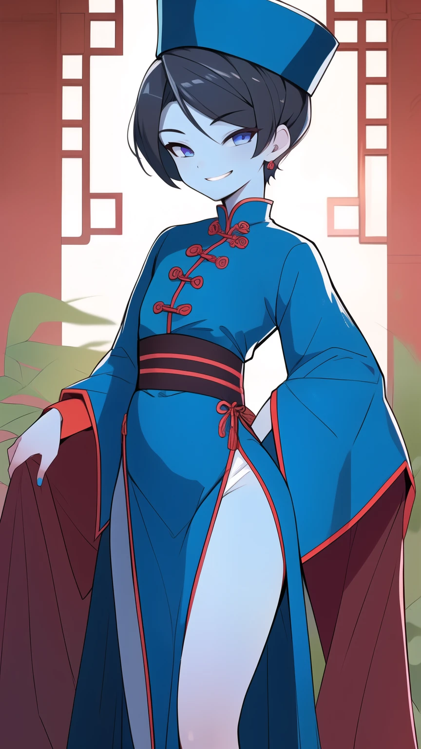 Best quality, Super detailed illustration, Warm colors, Ideal lighting, (BOY:1.6), (the blue skin:1,6) ,tousled thick hair of medium length, chinese clothes, long sleeves, long skirt with leg cutout on the sides, open legs, Tight-fitting clothing, Guanli hat ,smug smile, Happy , femboy, small waist, wide hips, Slim, perfect body, full length, colors blue and lilac