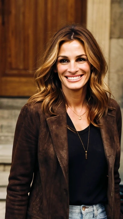 Julia Roberts dressed in suede clothes and a sexy smile.