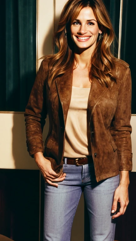 Julia Roberts dressed in suede clothes and a sexy smile.