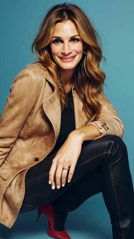 Julia Roberts dressed in suede clothes and a sexy smile.