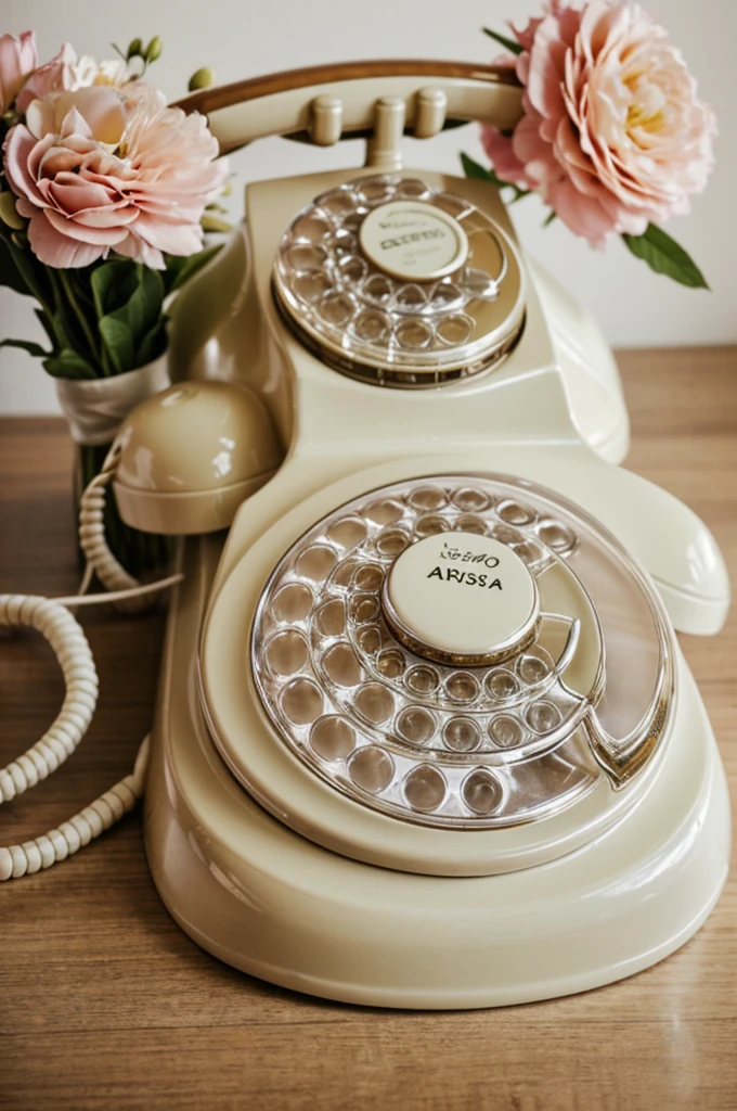 "A vintage image of a telephone from the 90s, nostalgic style. The phone must be decorated with festive wedding-related elements, 15 years or baptisms. Include details such as flowers, ribbons and lace around the phone. Soft backgrounds with pastel tones and a retro touch to give it a warm and elegant atmosphere. Make sure the composition has a harmonious and cheerful aesthetic, perfect for a special event