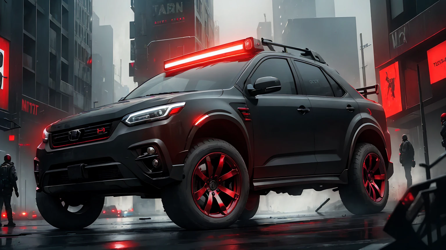 (Tech Black, dystopia:1.2), Overcrowded cities, car in street,  lights ble and red, captivating beauty, masterpiece, highest quality, realistic digital art, detailed background, 8k wallpaper