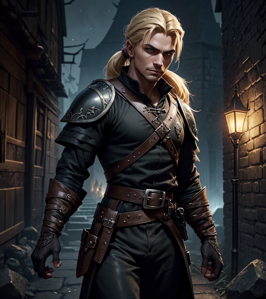 (((Solo character image.))) (((Generate a single character image.)))  (((Dressed in medieval fantasy attire.))) (((Very sexy facial expression.))) (((Dressed in medieval fantasy attire.))) (((Looks like Adonis.))) (((Appears to be 20 years old with youthful looks.))) (((Dark and sinister background at night.))) (((Alpha male))) (((Solo character image.))) (((Generate a single character image.))) Dark fantasy art, (((Dark, night time background.))) (((Strong elements of dark medieval fantasy.))) (((Sexy and handsome male.))) (((This is an urban explorer in a dark fantasy realm.))) (((Blond hair in a ponytail.))) Night background. Dark. Eerie. Dark fantasy art, short cropped blond hair, Scoundrel. Vagabond. Miscreant. Knave. This is an urban explorer in a dark fantasy realm. Looks mysterious, wearing a black shirt, black pants and black boots. Looks like a sneaky rogue in medieval fantasy urban setting. Looks like a shady rogue in a medieval fantasy setting. Looks like a medieval fantasy male character. Looks like a male rogue for Dungeons & Dragons in a medieval fantasy setting. Wears lots of black clothing. Looks like a handsome criminal for a medieval fantasy setting. Looks shifty. Looks suspicious. Looks untrustworthy. wearing black leather medieval clothing, sneaky, rogue, muscular, gorgeous face, fantasy artwork, fantasy attire, fantasy adventurer, masterpiece:1.3,madly detailed photo:1.2, hyper-realistic lifelike texture:1.4, picture-perfect:1.0,8k, HQ,best quality:1.0, (masterpiece,fantasy,art, best quality, unreal engine, 8k, ultra HD, centered image, absurdres