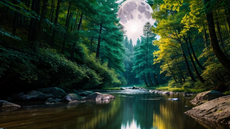 Better image quality, (Highly detailed CG Unity 8k wallpaper), (Best Quality), (best cyber realistic), (best shadows), shining river, with a shining moon, in the river crystal clear drinking water, natural elements in the forest theme. mysterious forest, beautiful forest, nature, surrounded by greenery, delicate leaves and branches surrounded (natural elements), (forest theme), (leaves), reflection of the moon in the river