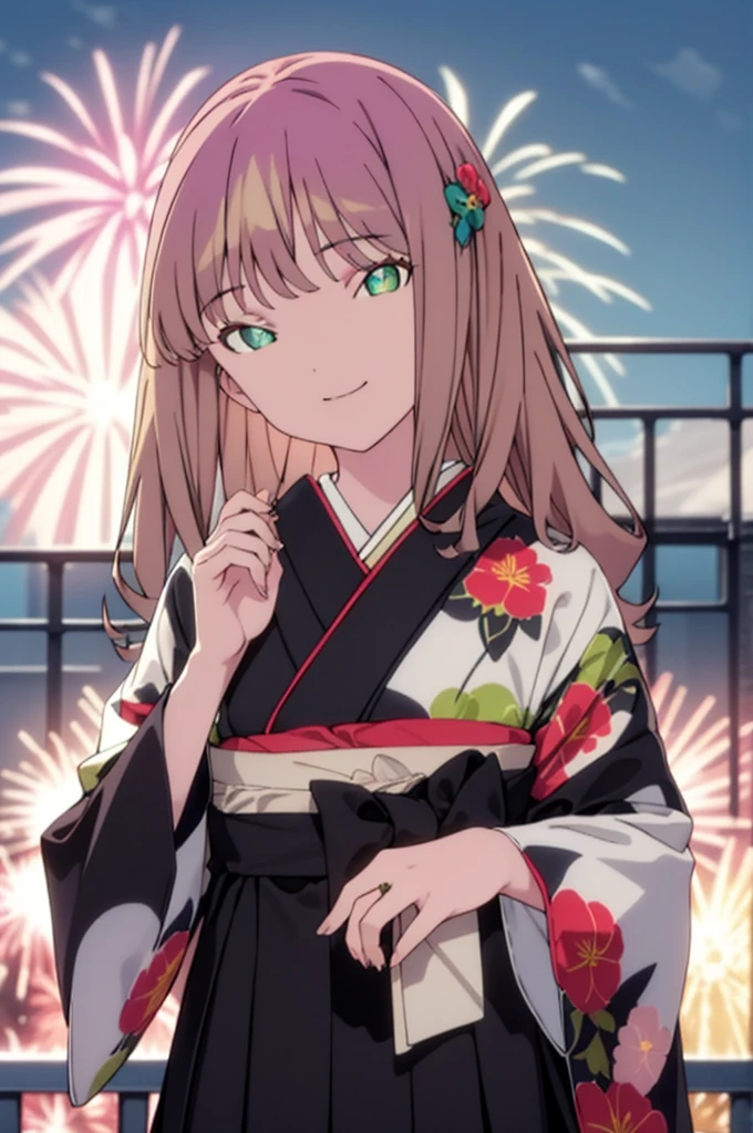 Yume Minami,sss dynazenon ,Brown Hair,Green Eyes,hair tied back,Flower hair ornament,Black Japanese Clothing,Thick sleeves,Sandals,So that the whole body goes into the illustration,smile,Fireworks in the night sky,Fireworks,The place is a fireworks display、Time is night,break outdoors, Festival,break looking at viewer, Upper Body,(Cowboy Shot:1. 5) , break (masterpiece:1.2), Highest quality, High resolution, unity 8k wallpaper, (shape:0.8), (Beautiful and beautiful eyes:1.6), Highly detailed face, Perfect lighting, Extremely detailed CG, (Perfect hands, Perfect Anatomy),