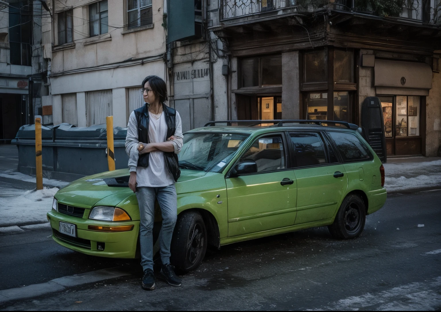 There's a man standing next to a green car on the street, gta style, GTA5 style, estilo gta V, gta v street style, cyberpunk street henchman, style of gta v, grand theft auto style, gta character, standing in front of the lowrider, gta art style, GTA 6 style, estilo gta Vice city, like a GTAV character