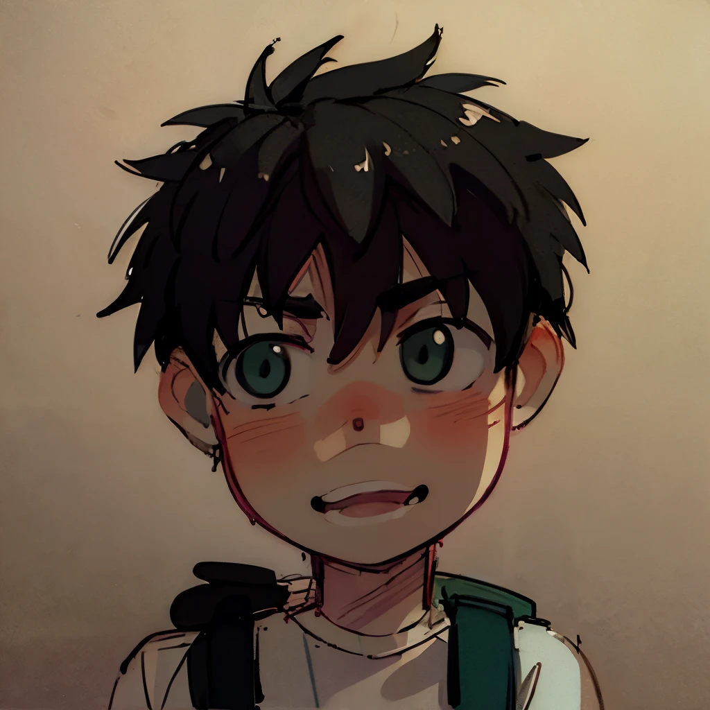 highest quality, sketch, Monochrome, Traditional Media, Pencil drawing high resolution, high definition, 4k, ((masterpiece)), Asian boy, cute boy, green eyes, black hair, blue school backpack, school clothes,
