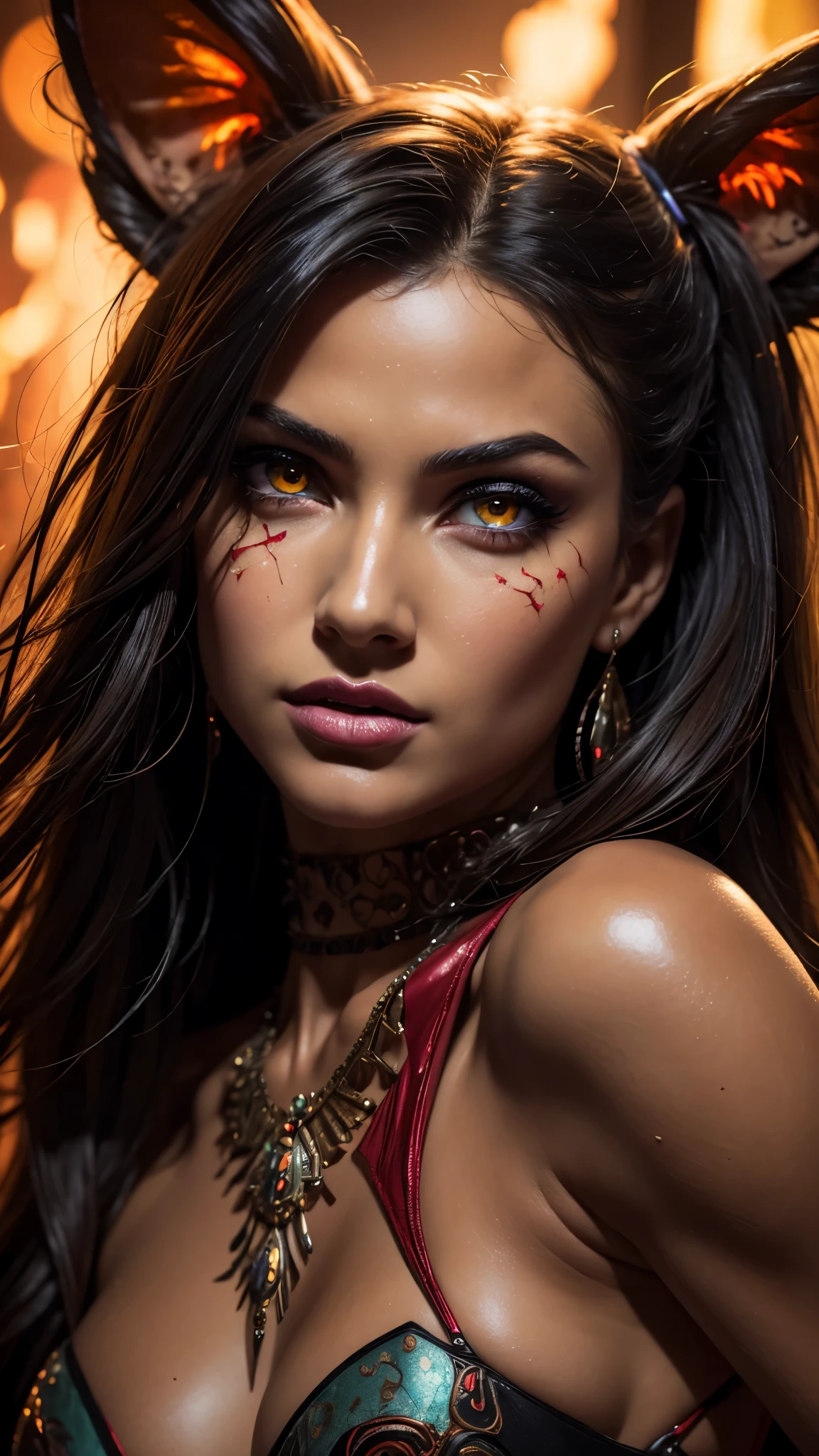 (((Masterpiece))), Best Quality, Hyper Detailed Gouache Style Painting Portrait of a Group of Enchanting Female Demons, Glowing Red/Yellow Eyes, Smooth Shadows, Hyper Realistic Textures, 8K, Best Quality, Realistic Cartoony Features, Stylized Illustration, Smooth Shadows, Correct Anatomy, Chromatic Aberration, Neon Highlights, Global Warm Lights, Dynamic Poses, Expressive Facial Expressions. This artwork, a testament to the artist's mastery, showcases a captivating ensemble of female demons. Their eyes glow with an otherworldly rad