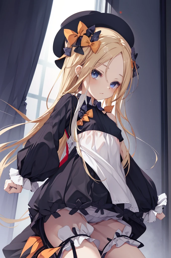 nsfw,((One man and one woman,Having sex)),Riding on top of a naked man,四つん這い,Showing off her nipples,masterpiece, best quality, highres, hmaw1, long hair, hat, black dress, long sleeve, black sleeves, white bloomers, cowboy shot, Simple Background