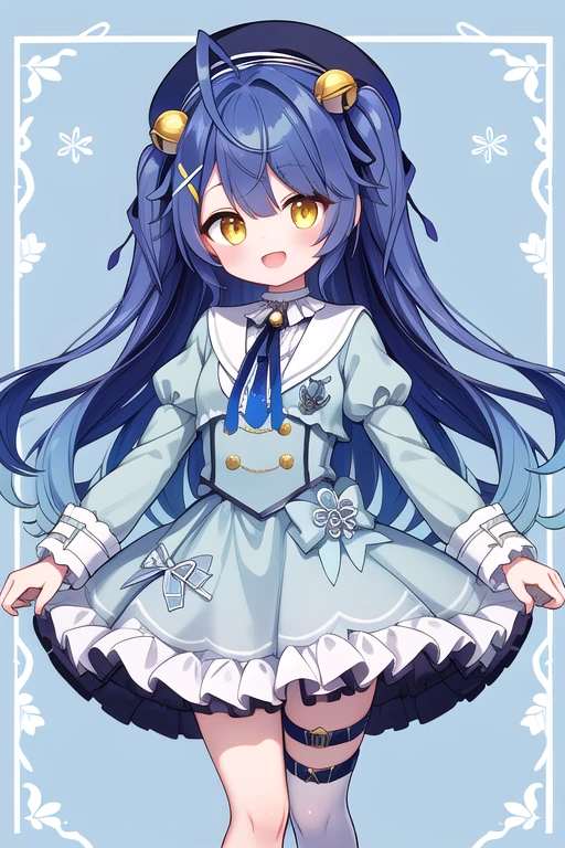 masterpiece, Highest quality, High resolution, Amya, Long Hair, Ahoge, Both sides up, Hair Ribbon, Hair Bell, X Hair Ornament, beret, Black Hat, Blue clothes, Long sleeve, Thigh straps, White knee socks, whole body, Open your mouth, (smile:0.77), (Patterned Background:1.2),