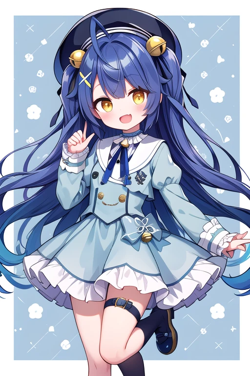 masterpiece, Highest quality, High resolution, Amya, Long Hair, Ahoge, Both sides up, Hair Ribbon, Hair Bell, X Hair Ornament, beret, Black Hat, Blue clothes, Long sleeve, Thigh straps, White knee socks, whole body, Open your mouth, (smile:0.77), (Patterned Background:1.2),