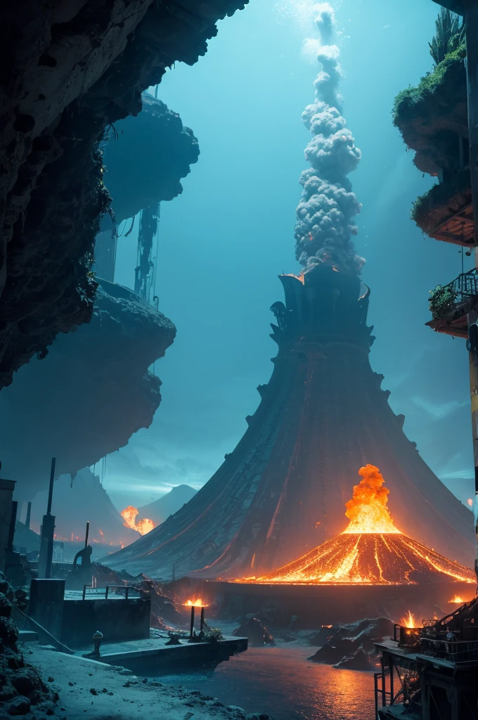 An underwater city with an erupting volcano