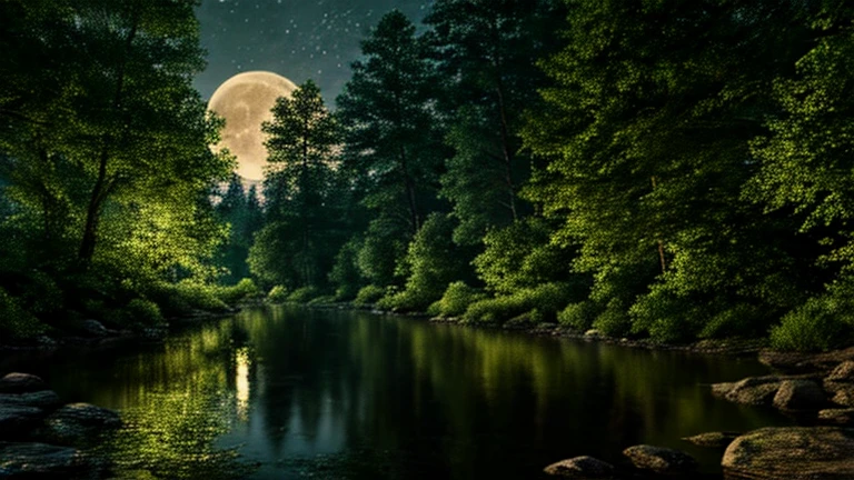 Better image quality, (Highly detailed CG Unity 8k wallpaper), (Best Quality), (best cyber realistic), (best shadows), shining river, with a shining moon, in the river crystal clear drinking water, natural elements in the forest theme. mysterious forest, beautiful forest, nature, surrounded by greenery, delicate leaves and branches surrounded (natural elements), (forest theme), (leaves), reflection of the moon in the river