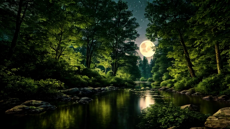 Better image quality, (Highly detailed CG Unity 8k wallpaper), (Best Quality), (best cyber realistic), (best shadows), shining river, with a shining moon, in the river crystal clear drinking water, natural elements in the forest theme. mysterious forest, beautiful forest, nature, surrounded by greenery, delicate leaves and branches surrounded (natural elements), (forest theme), (leaves), reflection of the moon in the river 