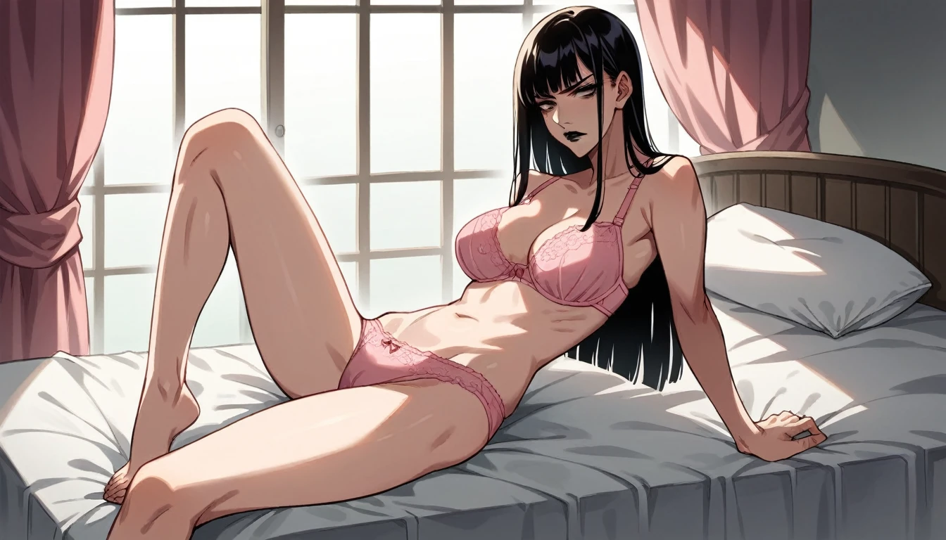 score_9, score_8_up, score_7_up, source_anime, rating_explicit, beautyful japanese woman, slim body, slender body, big long fringe black hair, black lipstick, pink bra, serious face, sit in a bed, pink pantiel room