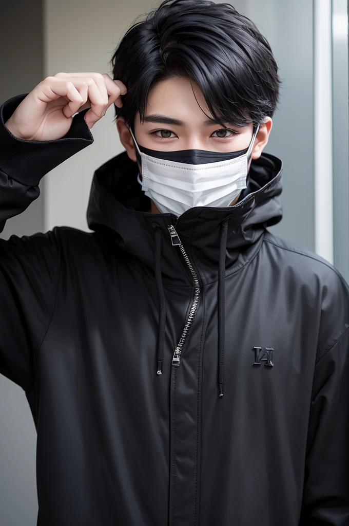 Create a 19 year old man who wears a mask that covers his mouth.With black hair color,and your face is cold and calculating.