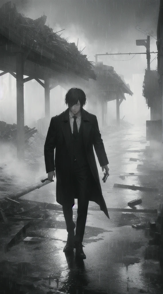 dark atmosphere, a man in an alley, ((1 man)), strict clothes, (only a bust in the frame) monochrome, black and white picture, black and white, monochrome,