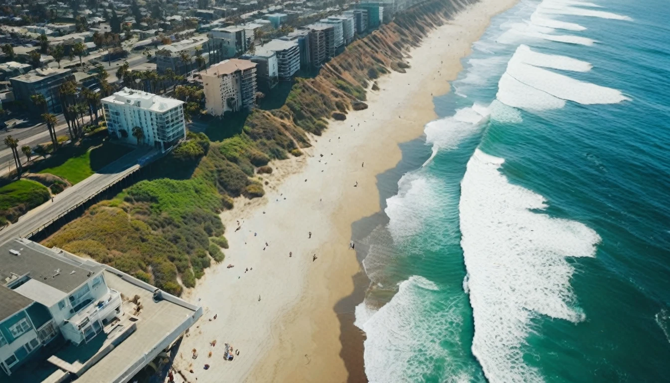 Drone view from above, Cinematic traversal camera movement, the camera travelling through above the waves of the beach of Los Angels California' s to the city. The crashing blue waters create white-tipped waves, while the golden light of the rising sun illuminates the shore. Los Angeles city with many skyscrapers and bridges in 3060. This is a view that captures the raw beauty of the coast and the rugged landscape.Realism, Cinematic, Photoreal,natural lights, neutral colors, lomochrome, soft vintage filter, 70's movie styled, celluloid, uhd, hdr, 4k, 35mm film,slightly high camera angle, wide angle lens , bilateral symmetry , neutral colors , natural lighting , volumetric lighting, film grain, uhd, hdr, 8k,photorealistic
