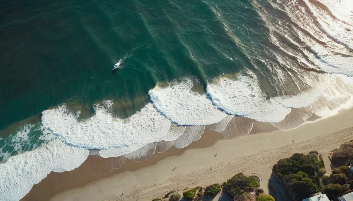 Drone view from above, Cinematic traversal camera movement, the camera travelling through above  the waves of the beach of Los Angels California' s to the city. The crashing blue waters create white-tipped waves, while the golden light of the rising sun illuminates the shore. Los Angeles city with many skyscrapers and bridges in 3060. This is a view that captures the raw beauty of the coast and the rugged landscape.Realism, Cinematic, Photoreal,natural lights, neutral colors, lomochrome, soft vintage filter, 70's movie styled, celluloid, uhd, hdr, 4k, 35mm film,slightly high camera angle, wide angle lens , bilateral symmetry , neutral colors , natural lighting , volumetric lighting, film grain, uhd, hdr, 8k,photorealistic 