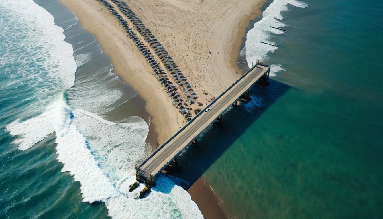 Drone view from above, Cinematic traversal camera movement, the camera travelling through above  the waves of the beach of Los Angels California' s to the city. The crashing blue waters create white-tipped waves, while the golden light of the rising sun illuminates the shore. Los Angeles city with many skyscrapers and bridges in 3060. This is a view that captures the raw beauty of the coast and the rugged landscape.Realism, Cinematic, Photoreal,natural lights, neutral colors, lomochrome, soft vintage filter, 70's movie styled, celluloid, uhd, hdr, 4k, 35mm film,slightly high camera angle, wide angle lens , bilateral symmetry , neutral colors , natural lighting , volumetric lighting, film grain, uhd, hdr, 8k,photorealistic 