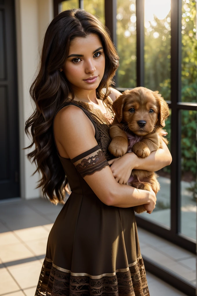 a realistic full-body photography, (woman: 26-year-old Mexican-Italian stunning brunette influencer, long and wavy dark brown hair, model measurements accentuated by small natural bust, warm and sun-kissed tan, expressive dark brown eyes, sunny and charismatic appearance:1.1), (dark brown golden retriever puppy in her arms:1.5), (clothes: sexy form-fitting black dress with lace:1.4), natural lights and shadows, with volumetric face lighting for hyper-realistic detail, hyper-realistic, 16K resolution, shot with Canon EOS R6